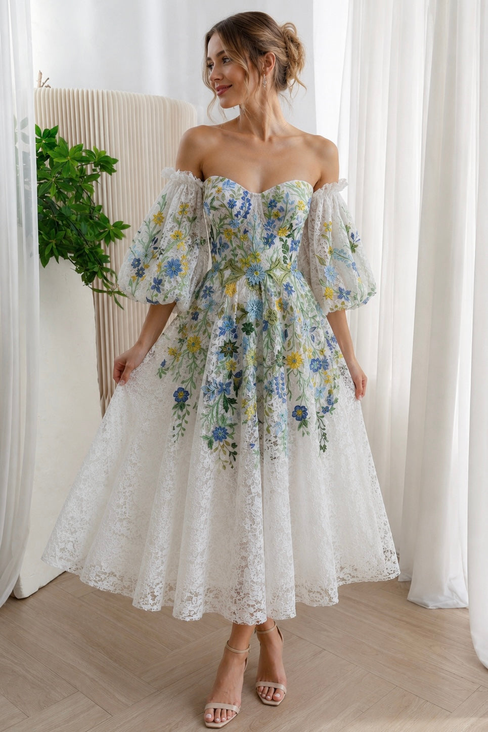 White Wildflower Embroidered Lace Tea-Length Wedding Dress