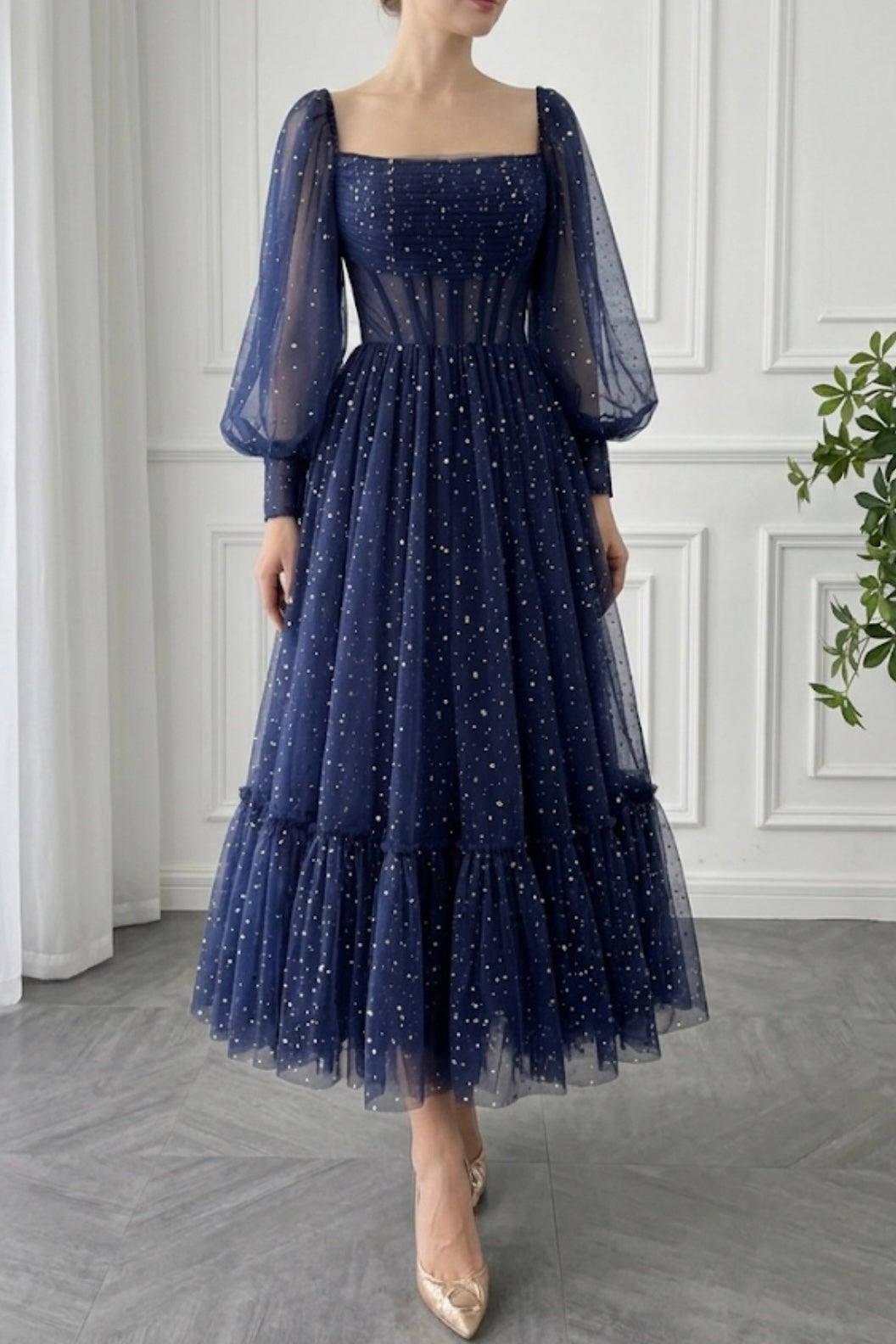 Midnight Blue Celestial Star Tulle Ball Gown with Puff Sleeves