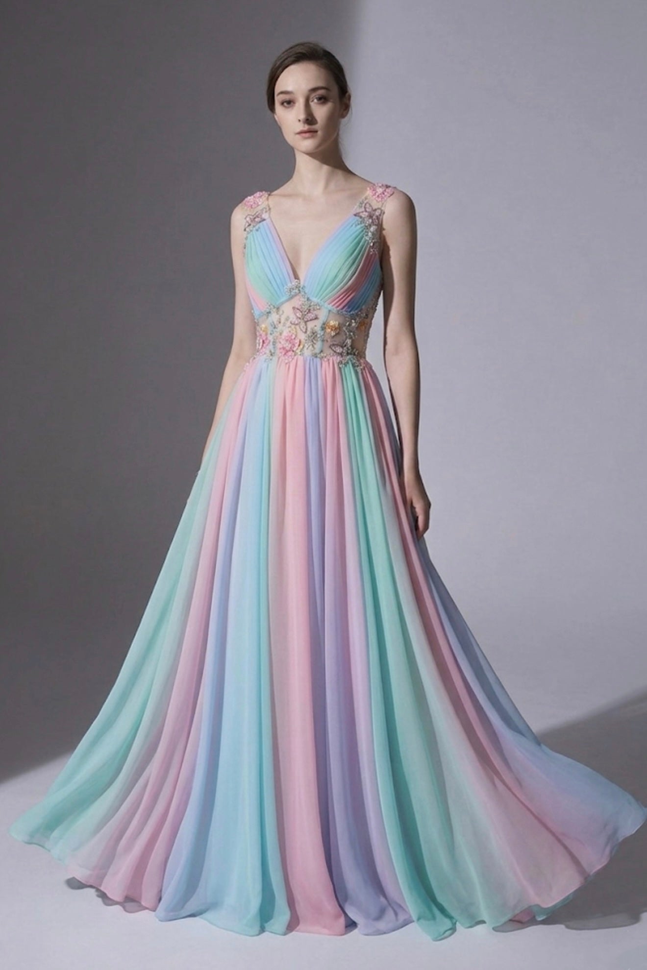 Pastel Rainbow Chiffon Midi Dress with Floral Beaded Bodice