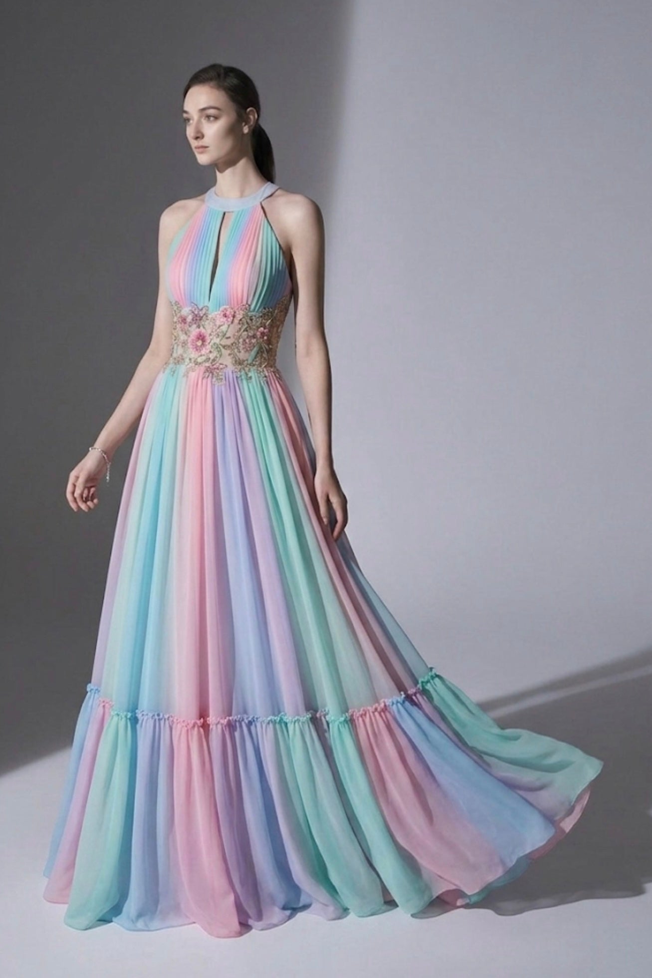 Pastel Rainbow Chiffon Halter Gown with Beaded Floral Corset