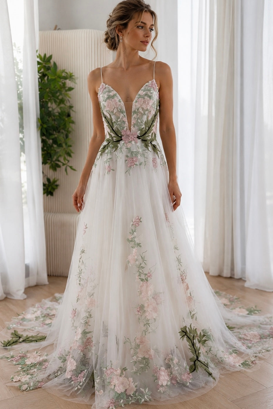 Ivory Floral Embroidered Tulle Wedding Dress Green Bridal Gown| MissJophiel Floor Length / Custom Color / US4