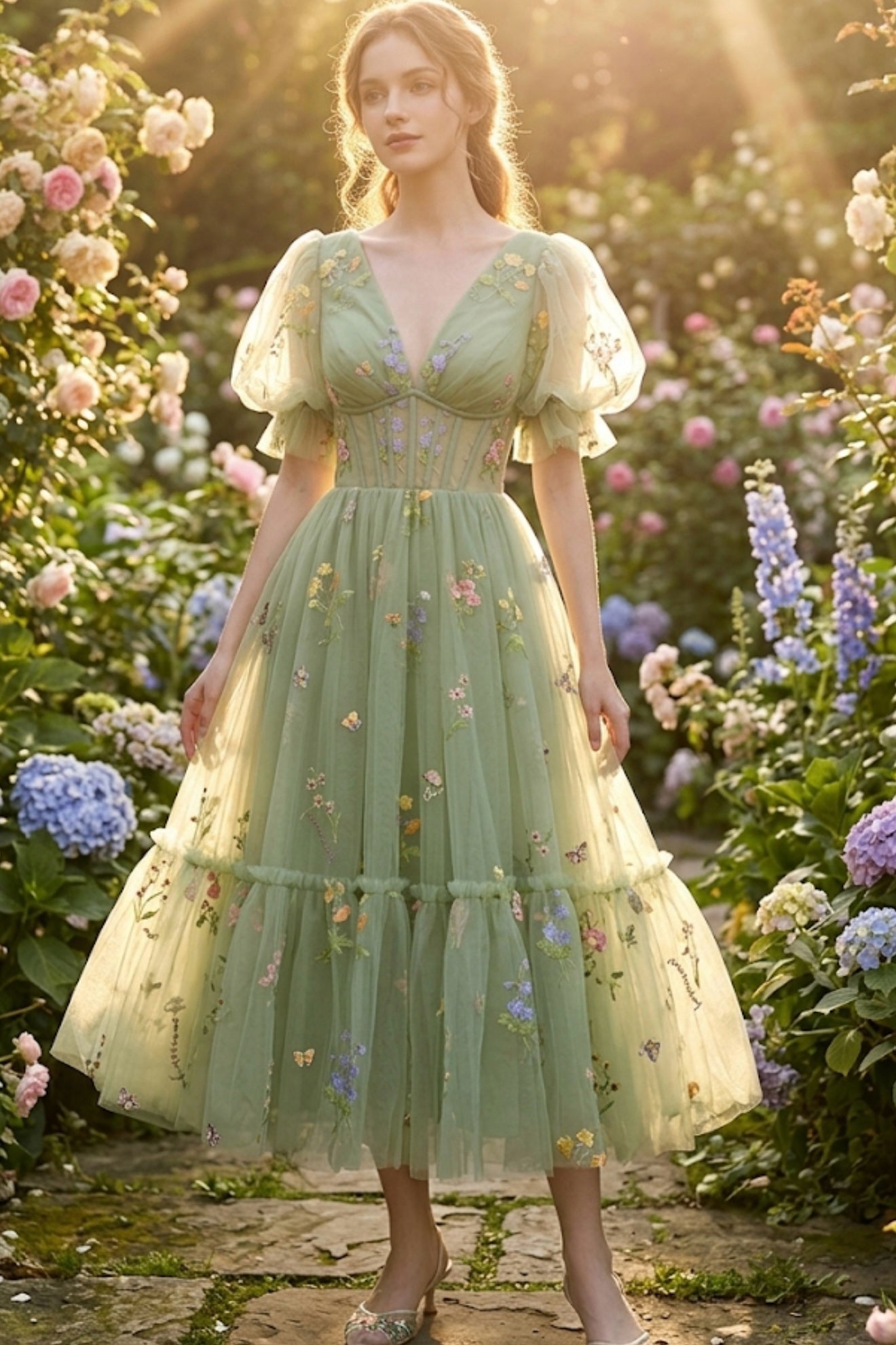 Short Puffy Sleeves Corset Floral Embroidery Midi Dress
