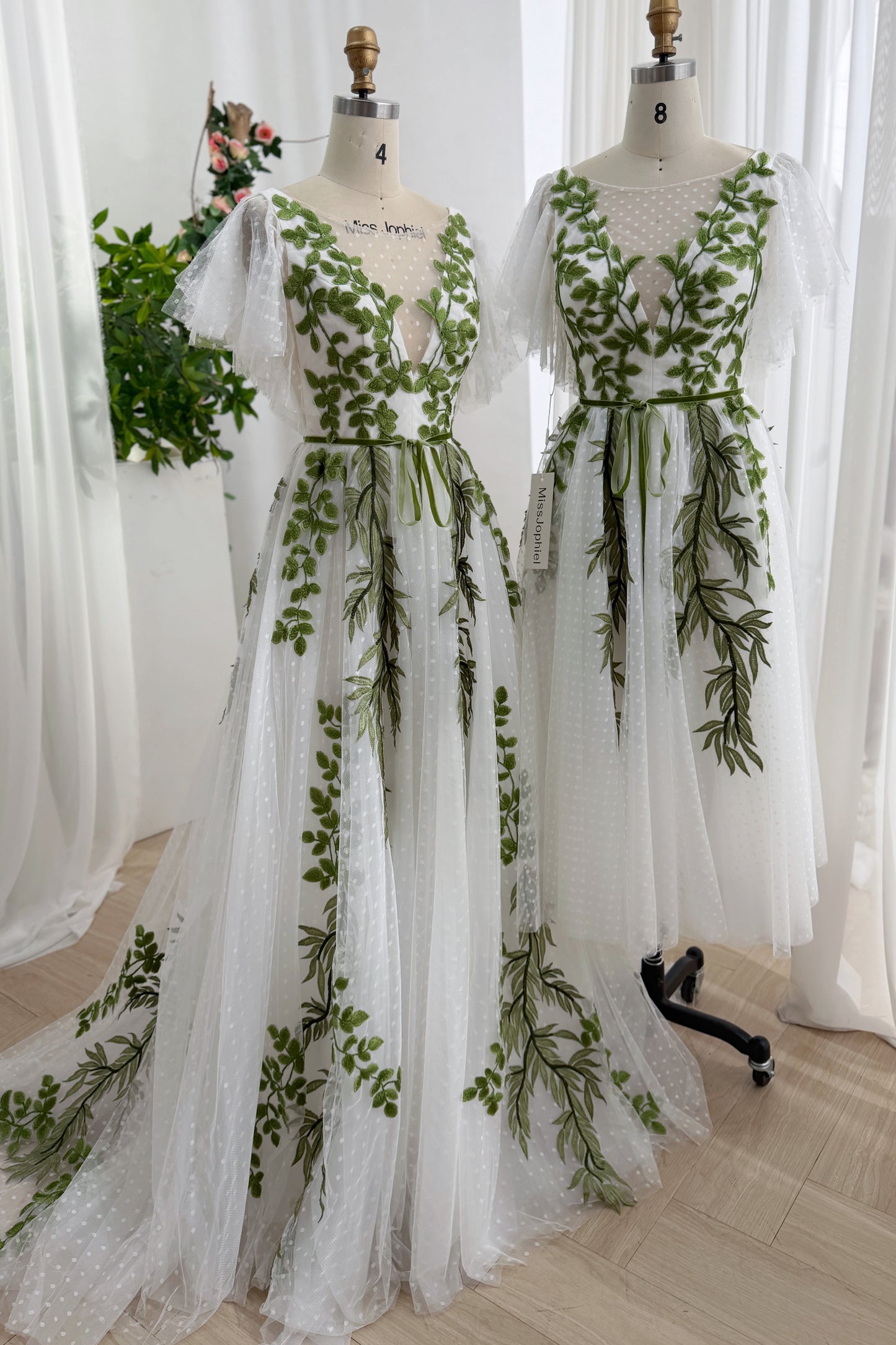 green white dress Green Leaf Embroidered White Tulle Gown with V-Neck and Flutter Sleeves Ivory / Above Knee / Custom Size