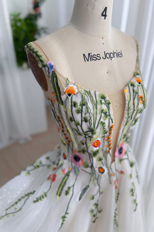 Ivory Botanical Embroidered Tulle Wedding Dress with Colorful Wildflowers