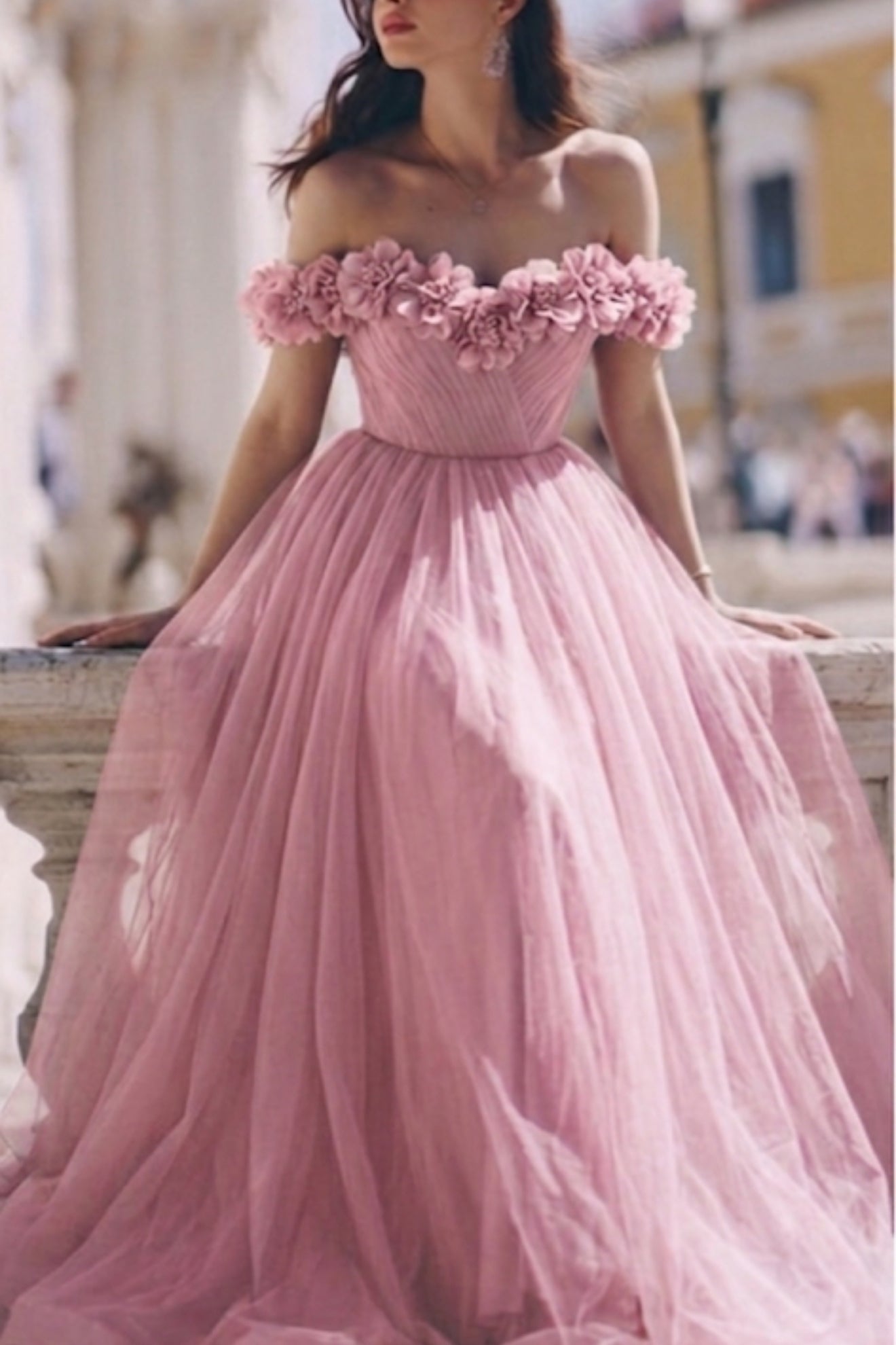Off the shoulder with flowers Corset Long Dress with side slit