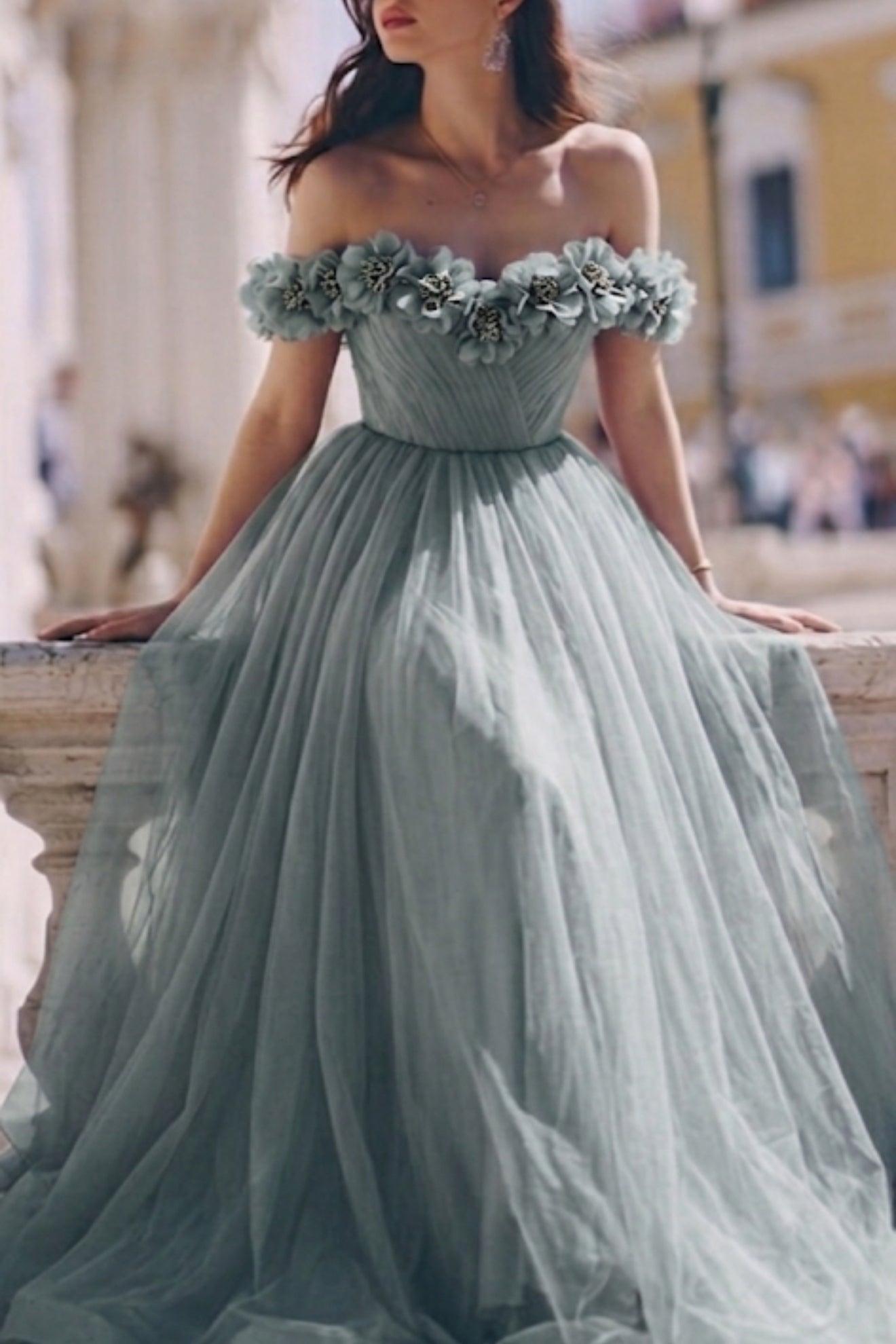 Off the shoulder with flowers Corset Long Dress with side slit