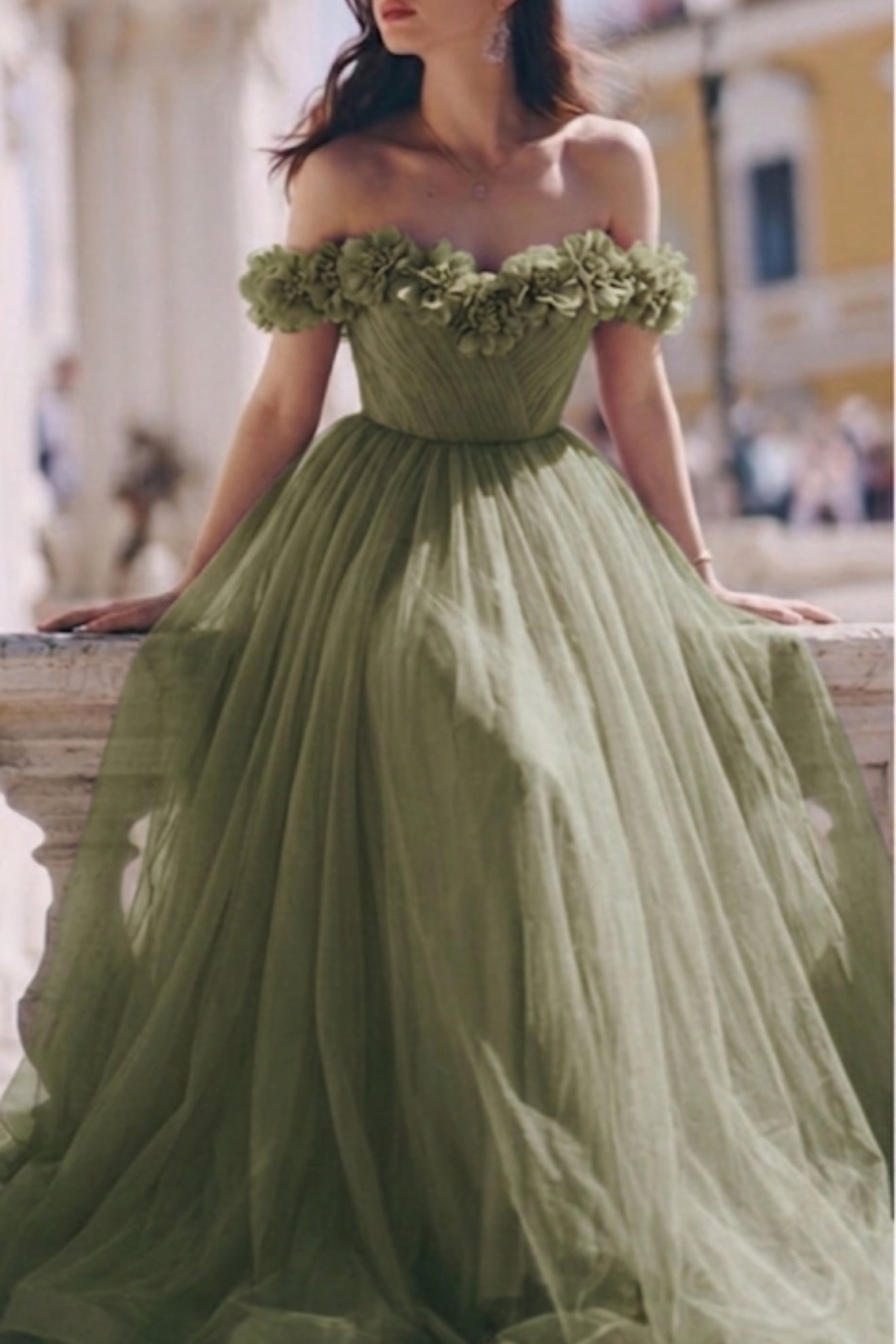 Off the shoulder with flowers Corset Long Dress with side slit