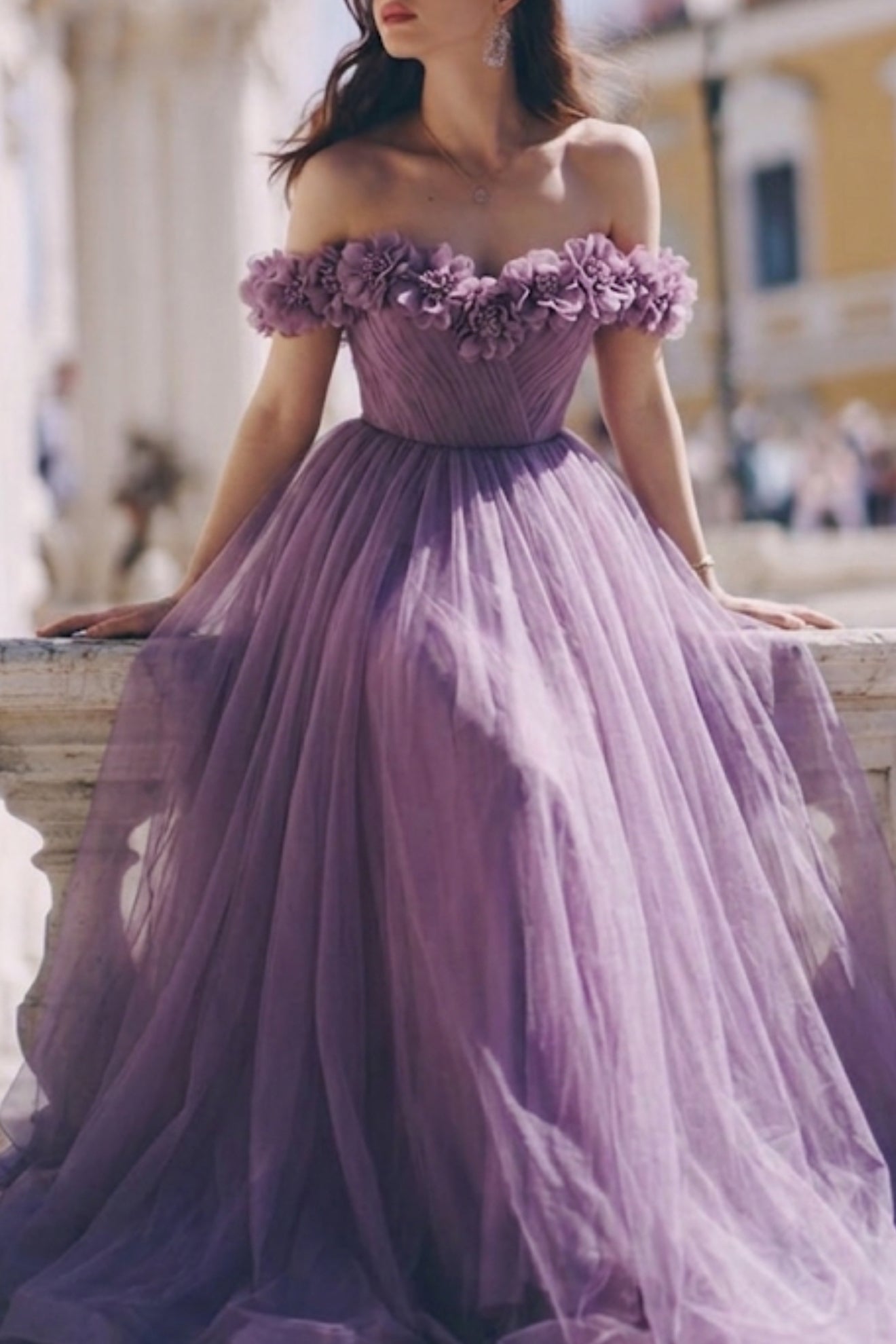 Off the shoulder with flowers Corset Long Dress with side slit