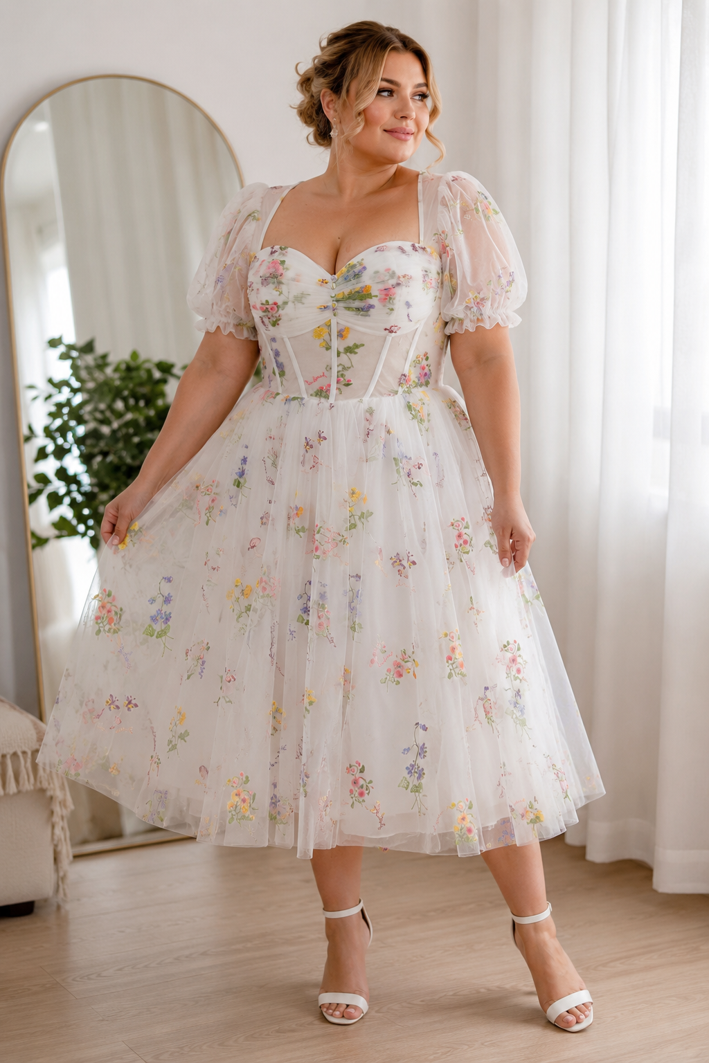 Puff Sleeves Steel Blue Floral Embroidered Corset Tulle Midi Dress