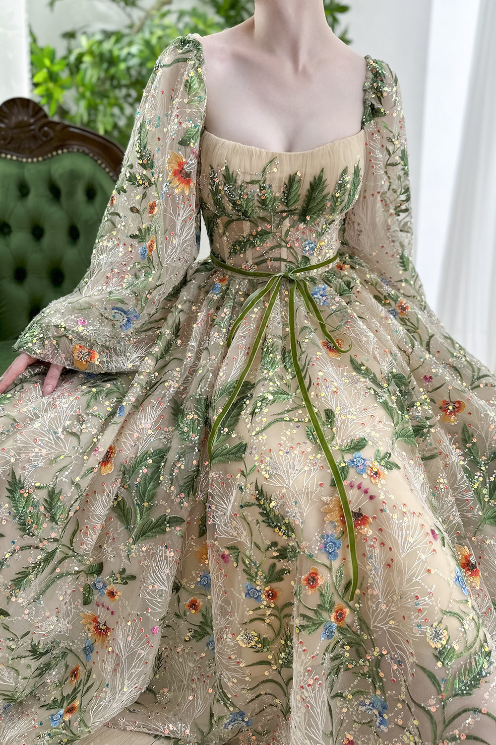 MissJophiel Long Puffy Sleeves Corset Floral Embroidery Midi Dress Green/Champagne / Tea Length / US20W