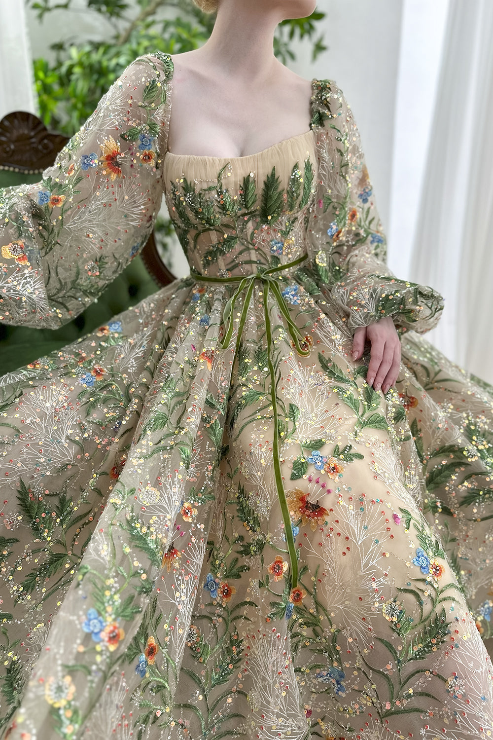 MissJophiel Long Puffy Sleeves Corset Floral Embroidery Midi Dress Green/Champagne / Tea Length / US20W MissJophiel Long Puffy Sleeves Corset Floral Embroidery Midi Dress Green/Champagne / Tea Length / US20W