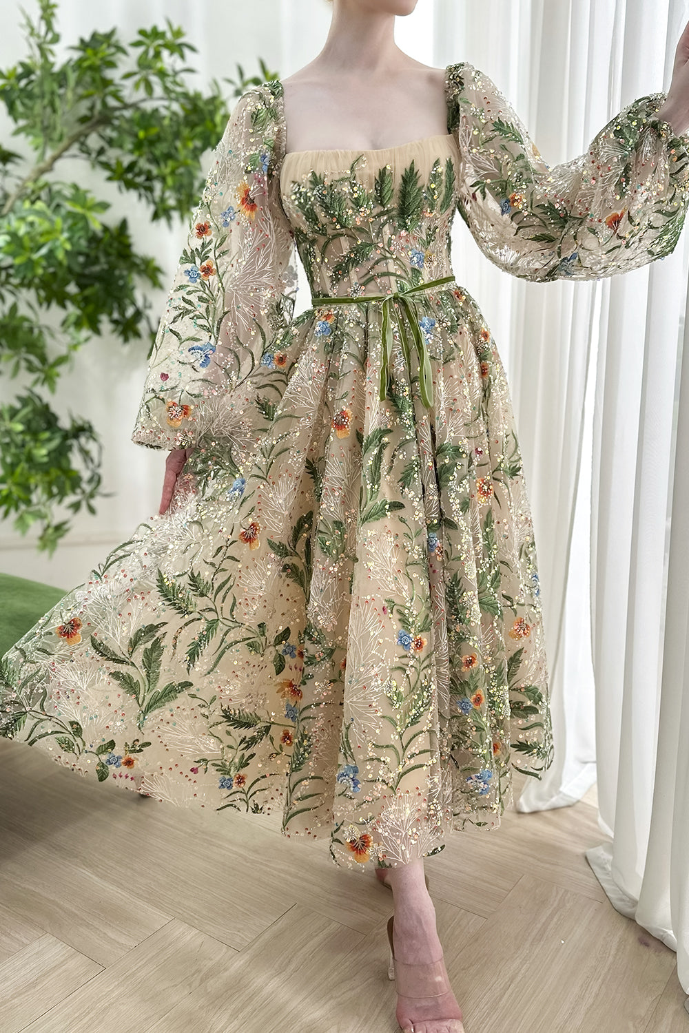 MissJophiel Long Puffy Sleeves Corset Floral Embroidery Midi Dress