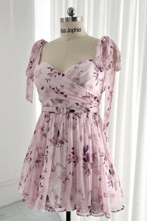 Sweetheart Floral Midi Prom Dress with removable straps(1 sets) and Puff sleeves(1sets) and a Bow main image 0
