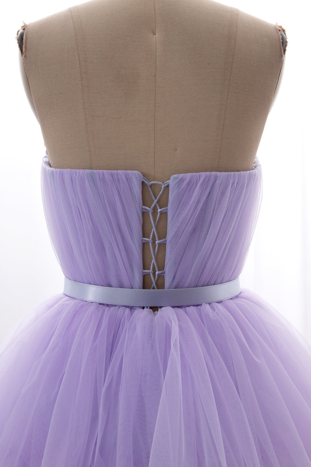 Dreamy floor-length mesh gown in lavender with elegant layers for formal evening wear