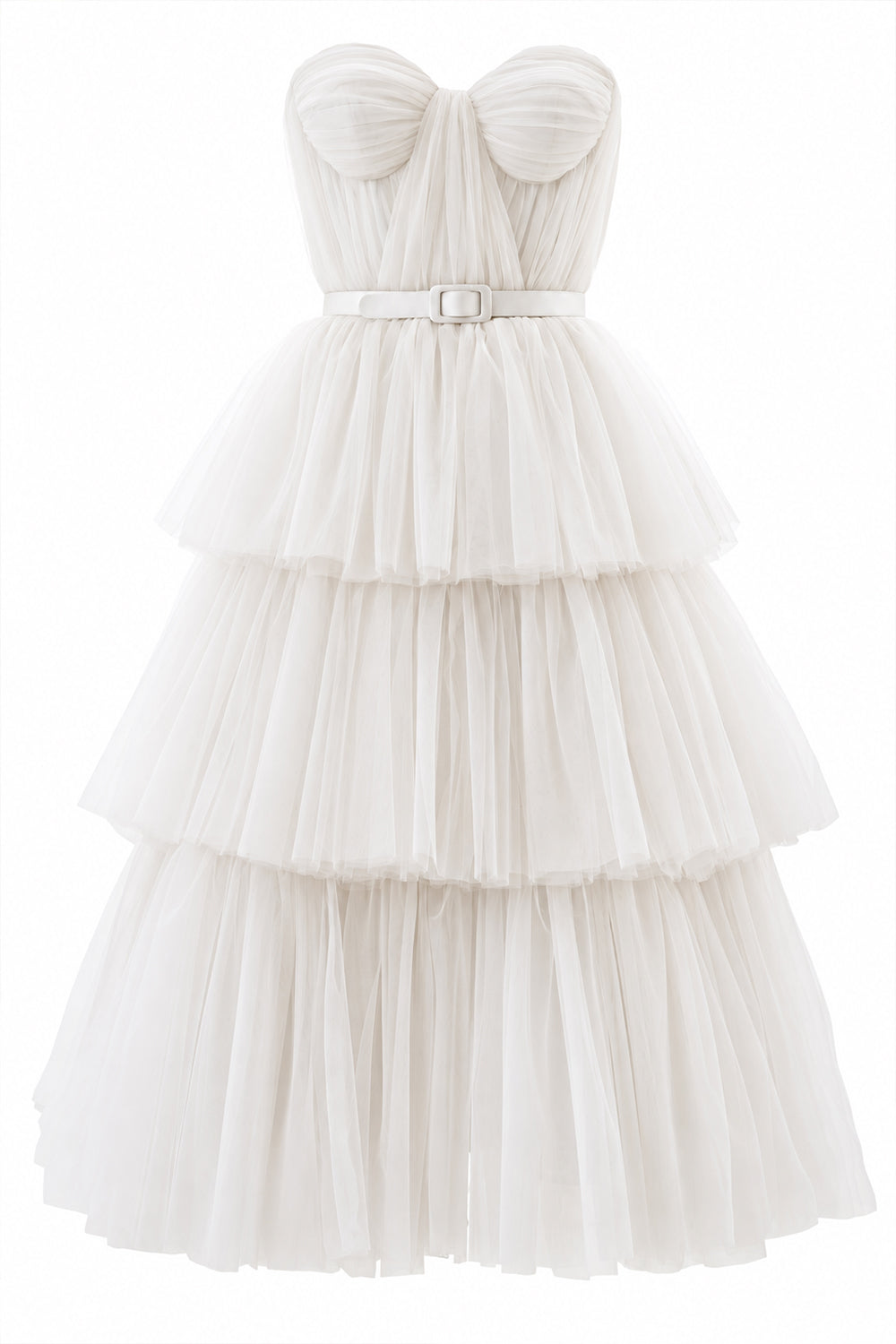 Vestido de tul color lavanda con escote en forma de corazón y falda escalonada