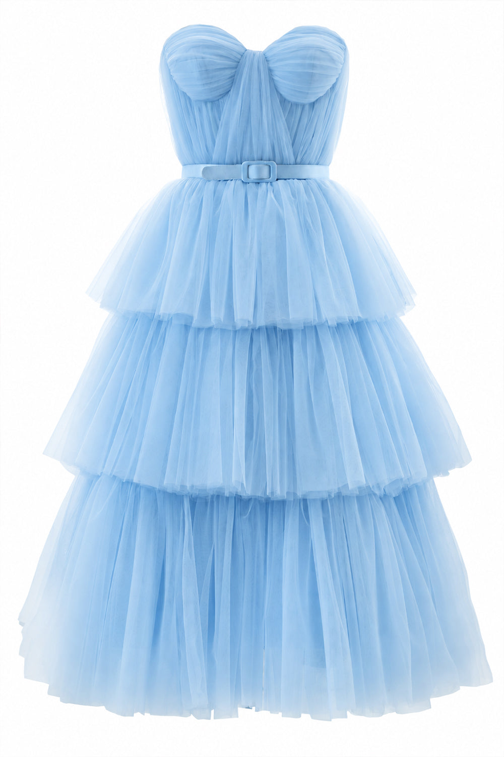 Vestido de tul color lavanda con escote en forma de corazón y falda escalonada