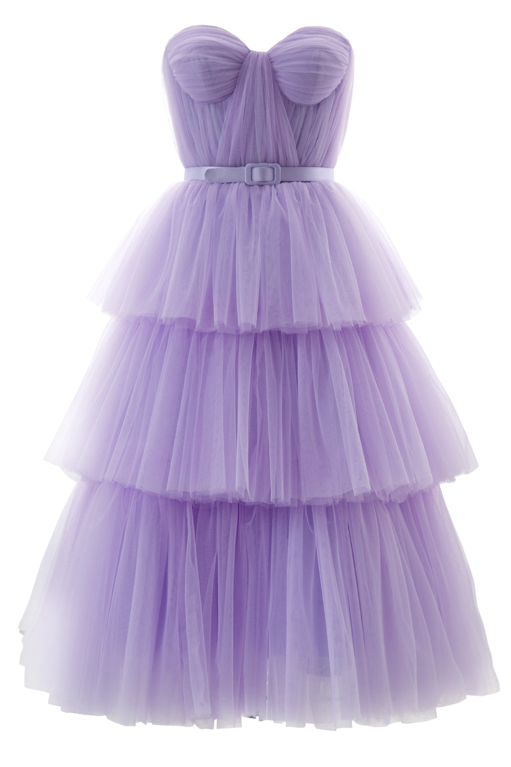 Lavender sweetheart strapless dress with cascading tiered tulle skirt and soft belt designed for formal occasions