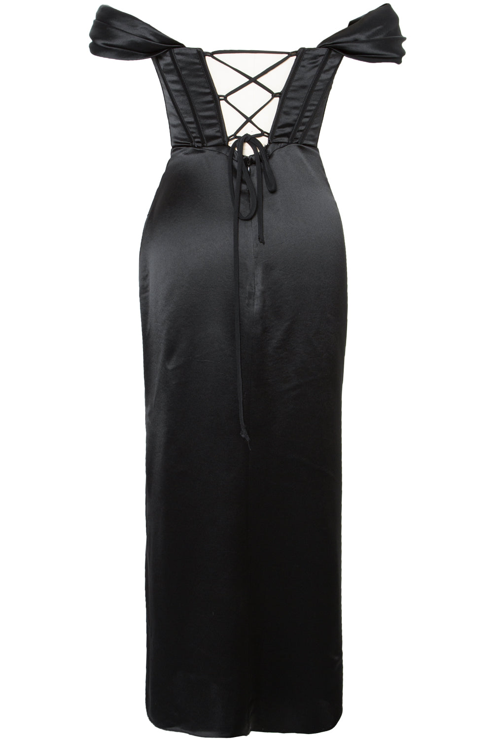 Black Satin Off-Shoulder Corset Evening Dress with Lace-Up Back MissJophiel Black Satin Off-Shoulder Corset Evening Dress with Lace-Up Back MissJophiel