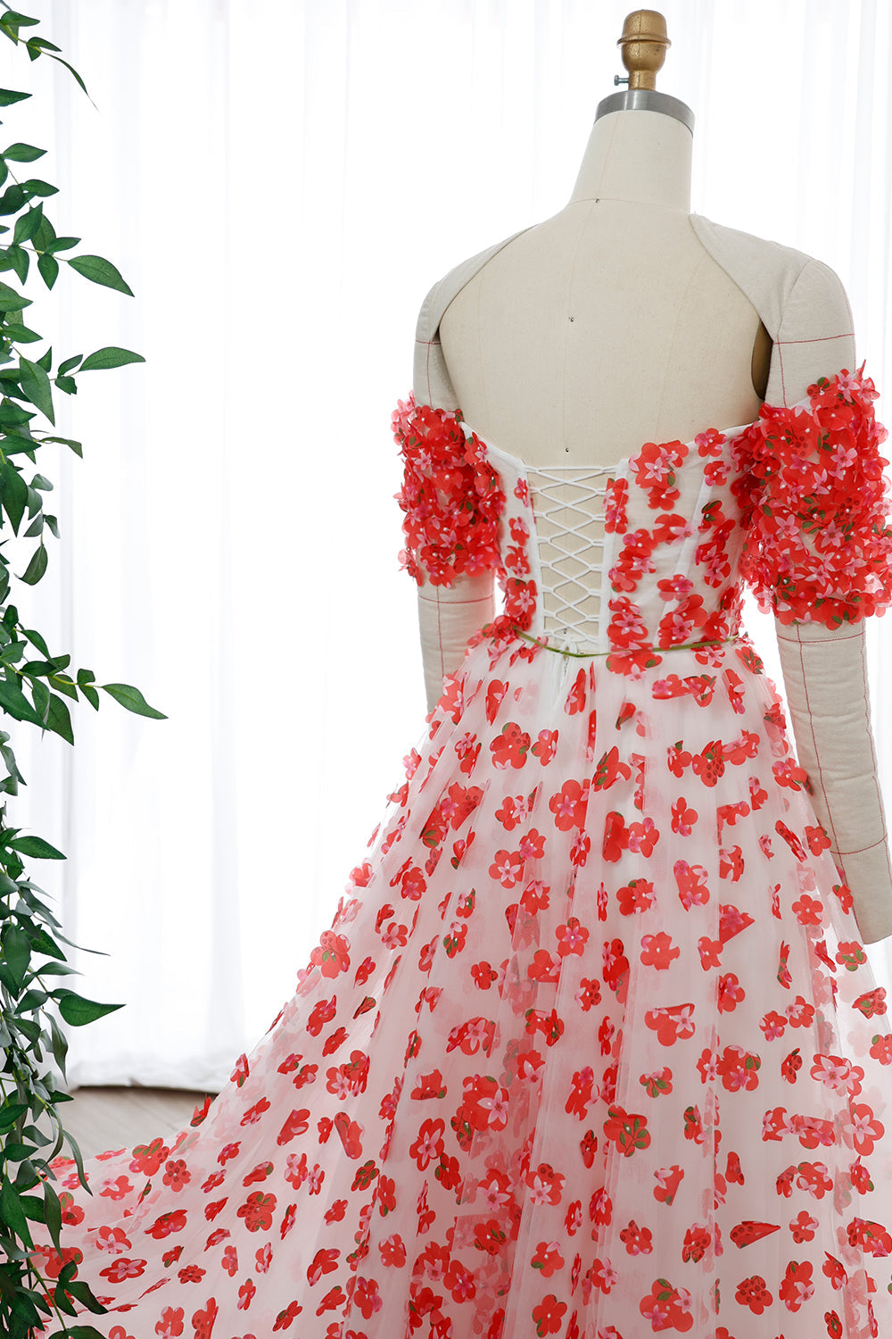 Off the Shoulder Corset 3D Floral Dress with Slit