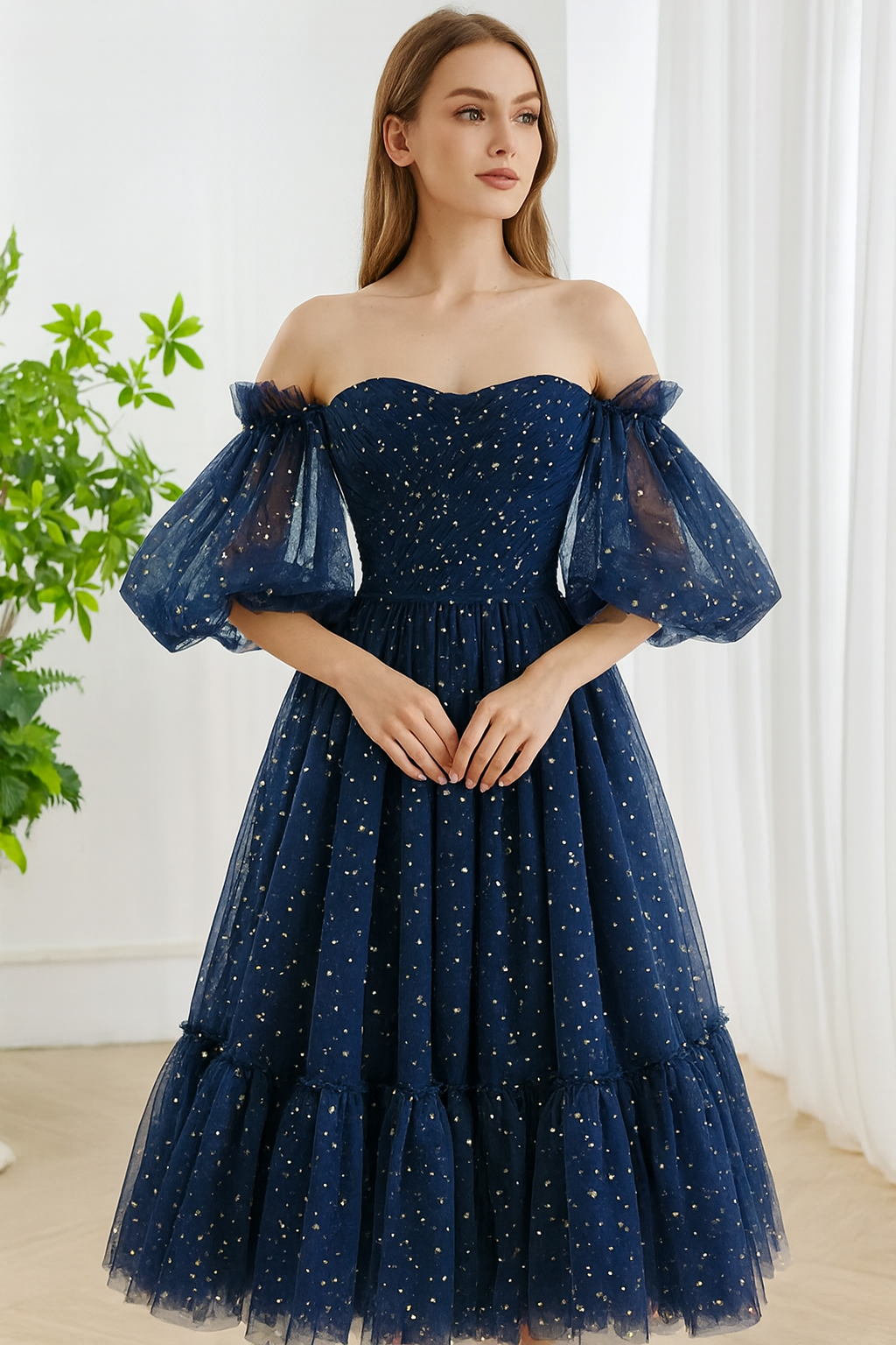 Celestial Navy Off-Shoulder Star Mesh Dress - Miss Jophiel Custom Color / Above Knee / US8 Celestial Navy Off-Shoulder Star Mesh Dress - Miss Jophiel Custom Color / Above Knee / US8