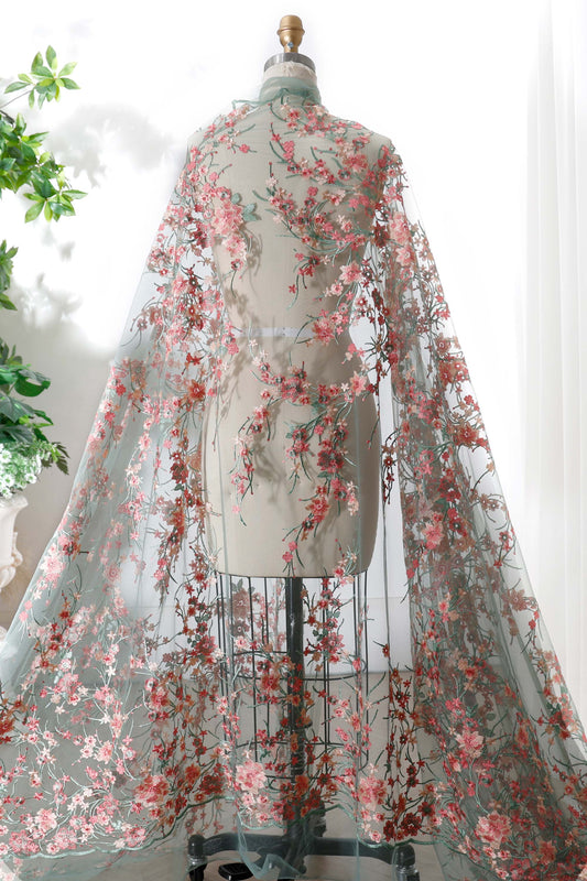 Sage Green Tulle with Pink Floral Embroidery Fabric