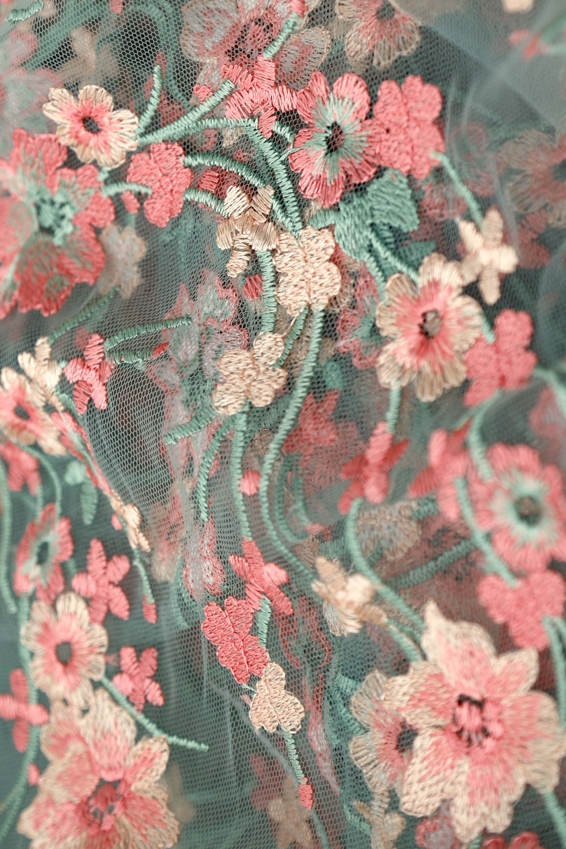 Sage Green Tulle with Pink Floral Embroidery Fabric MissJophiel Sage Green Tulle with Pink Floral Embroidery Fabric MissJophiel
