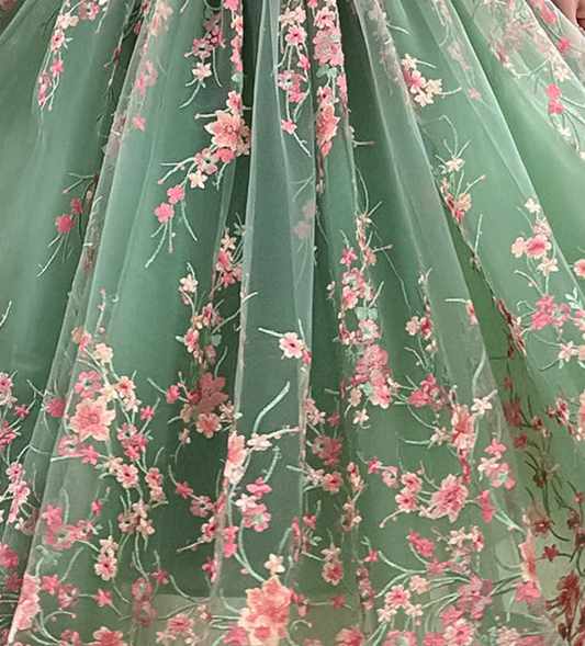 Sage Green Tulle with Pink Floral Embroidery Fabric