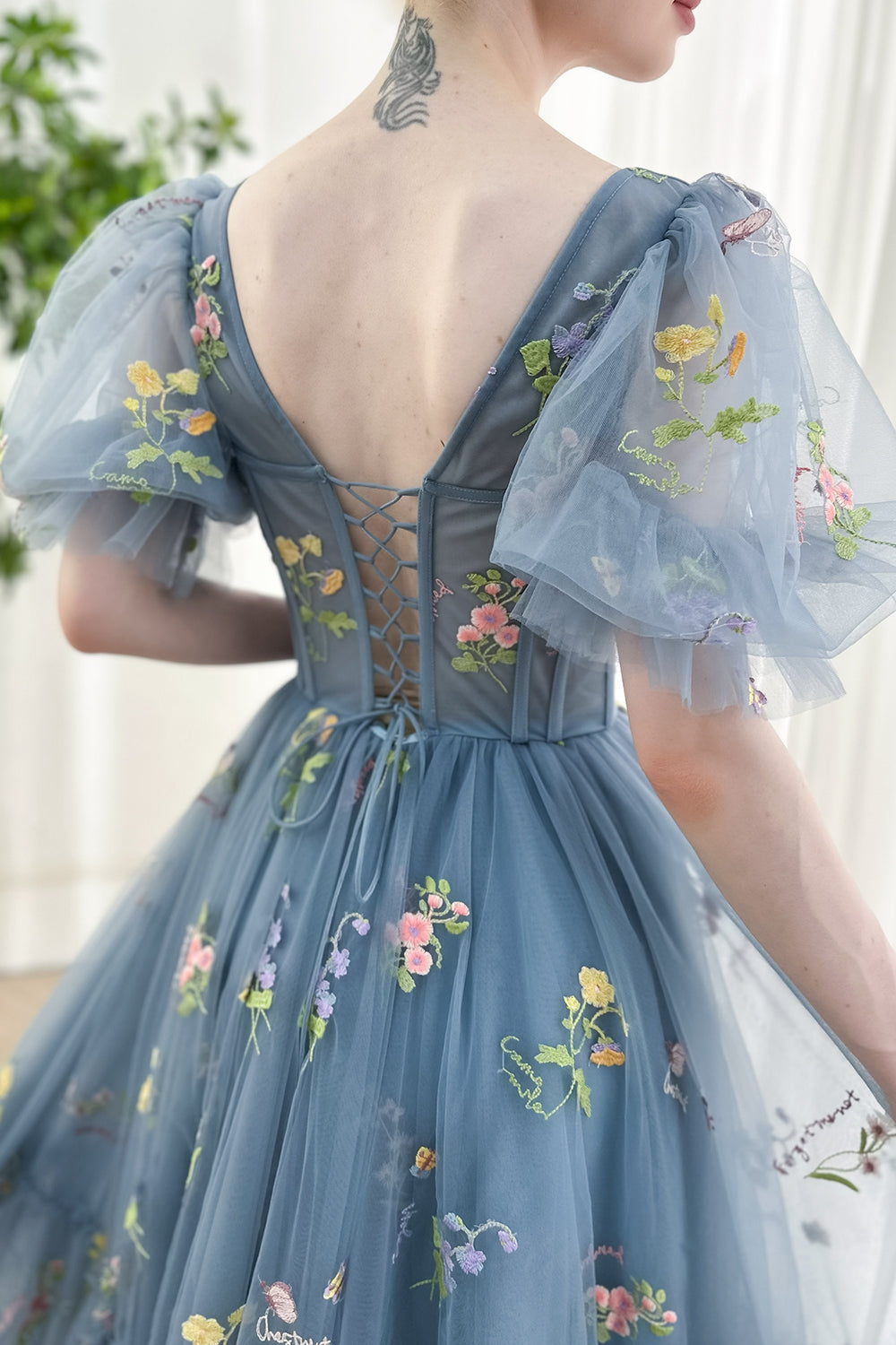 MissJophiel Short Puffy Sleeves Corset Floral Embroidery Midi Dress
