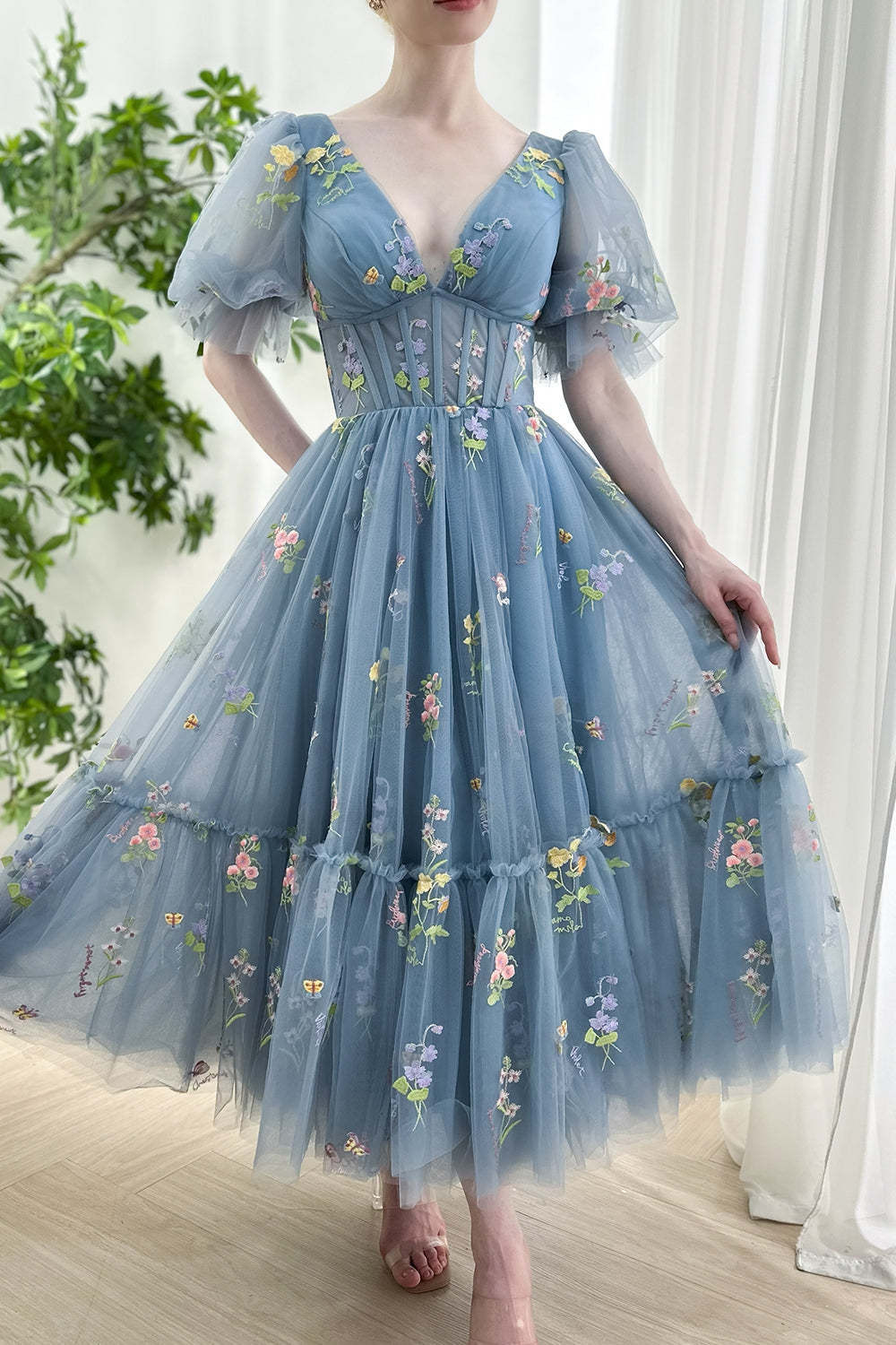 Short Puffy Sleeves Corset Floral Embroidery Midi Dress