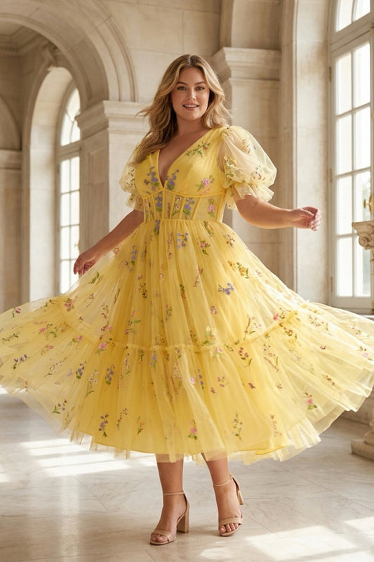 Yellow Short Puffy Sleeves Corset Floral Embroidery Midi Prom Dress