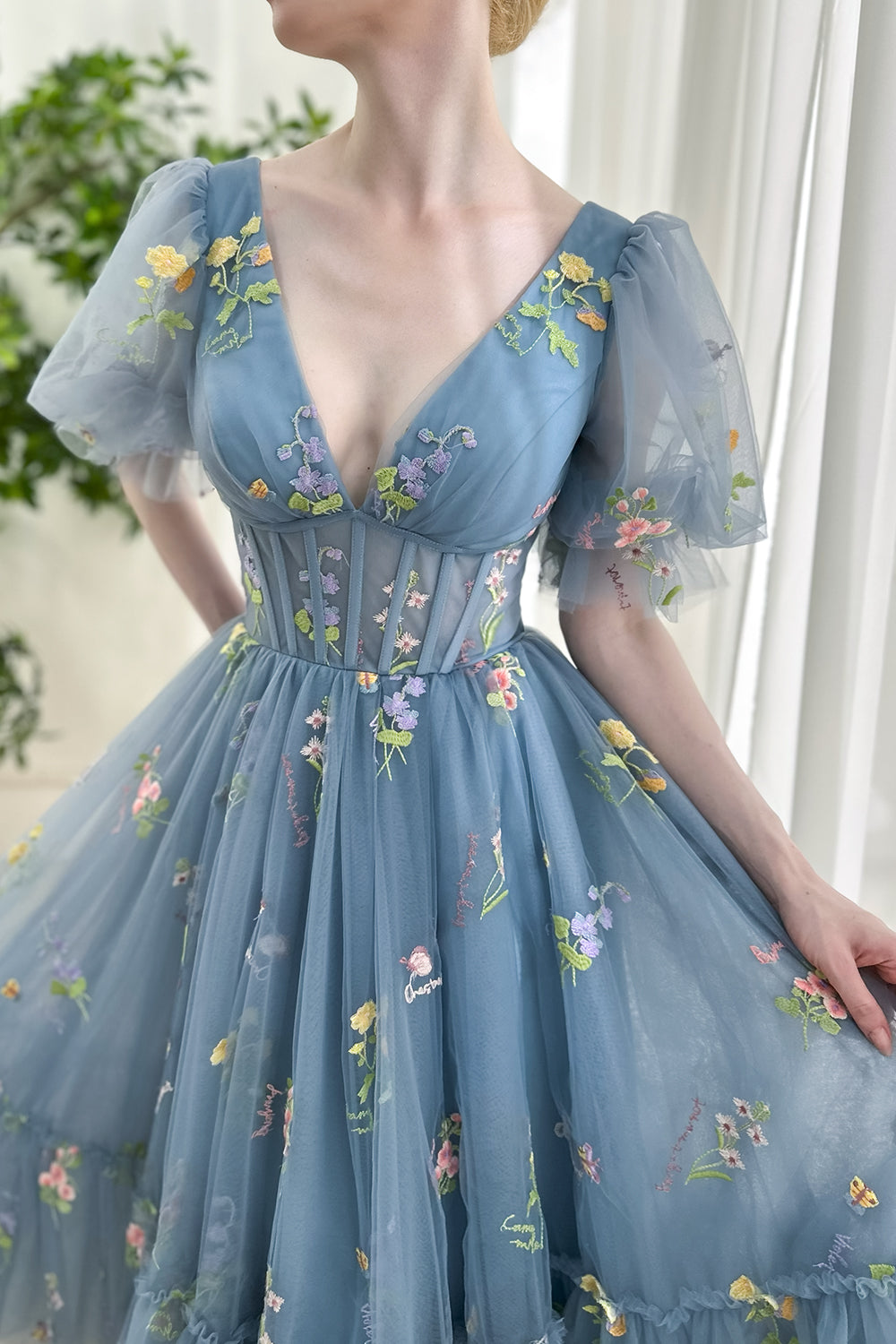 MissJophiel Short Puffy Sleeves Corset Floral Embroidery Midi Dress