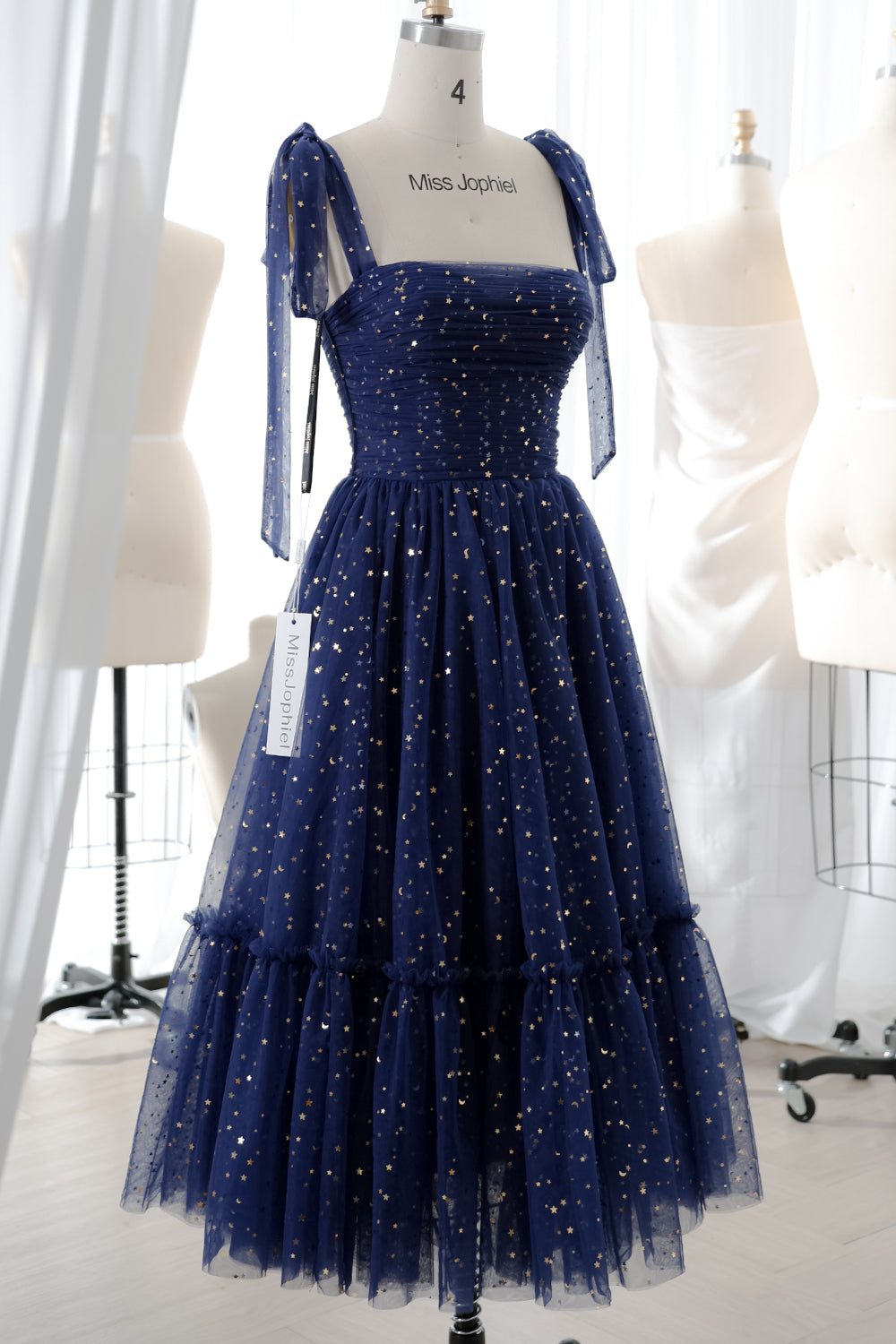 Dark Navy Tulle Sweetheart Midi Formal Dress with Removable Straps