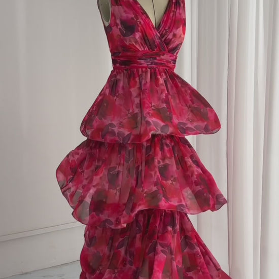 Floral chiffon V neck tiered prom dress formal evening gown #promdress #sewing #fashion #diy