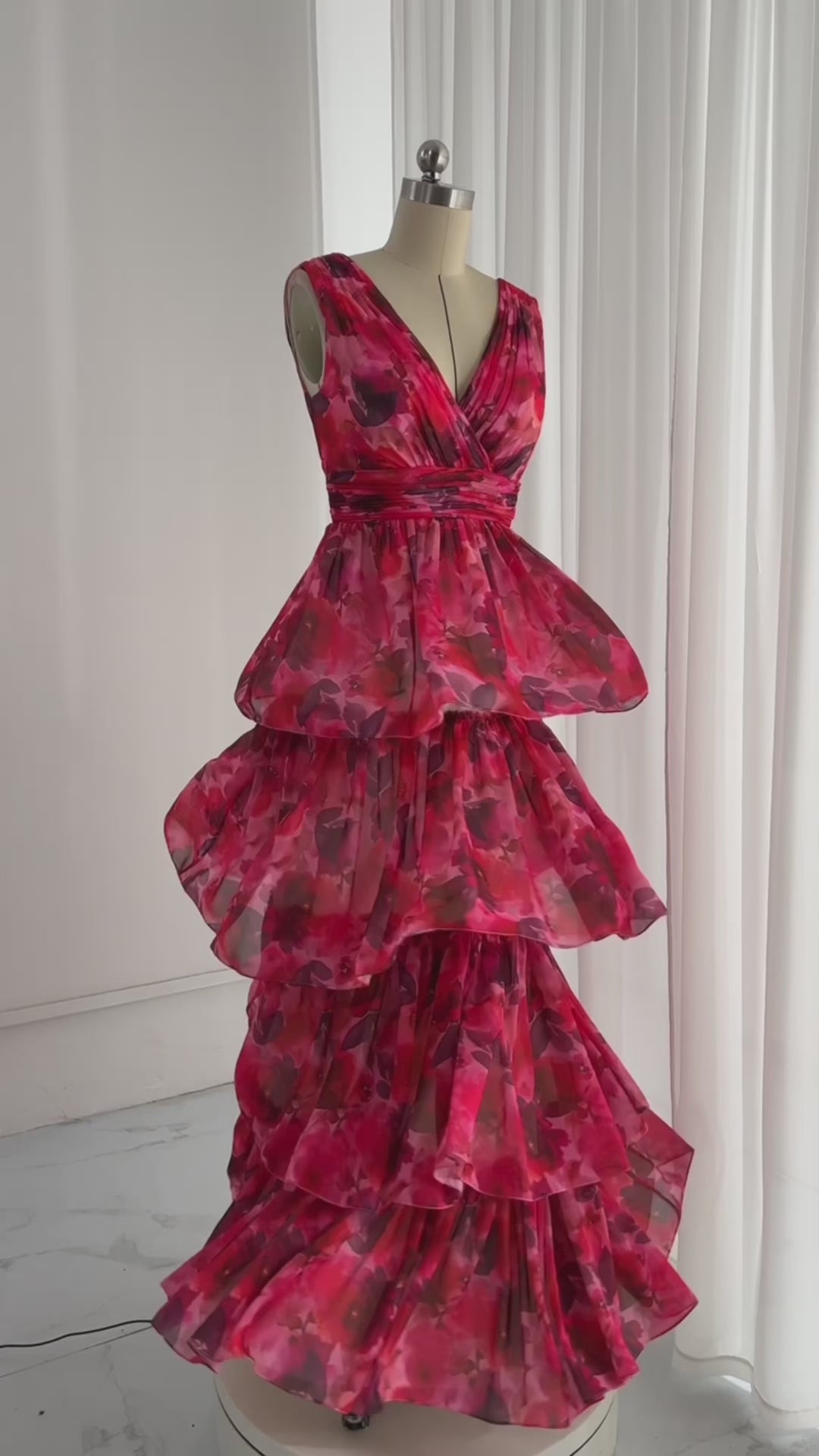Floral chiffon V neck tiered prom dress formal evening gown #promdress #sewing #fashion #diy