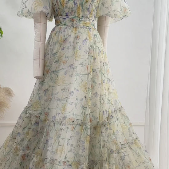 Making a puff sleeves floral print long dress #dress #creative #promdress #wedding