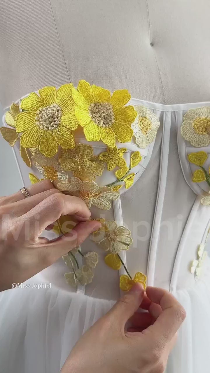 Corset Yellow Floral Applique Mini Ivory Dress