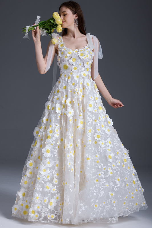 Front view of 3D daisy floral scoop neck dress with flowing A-line skirt.