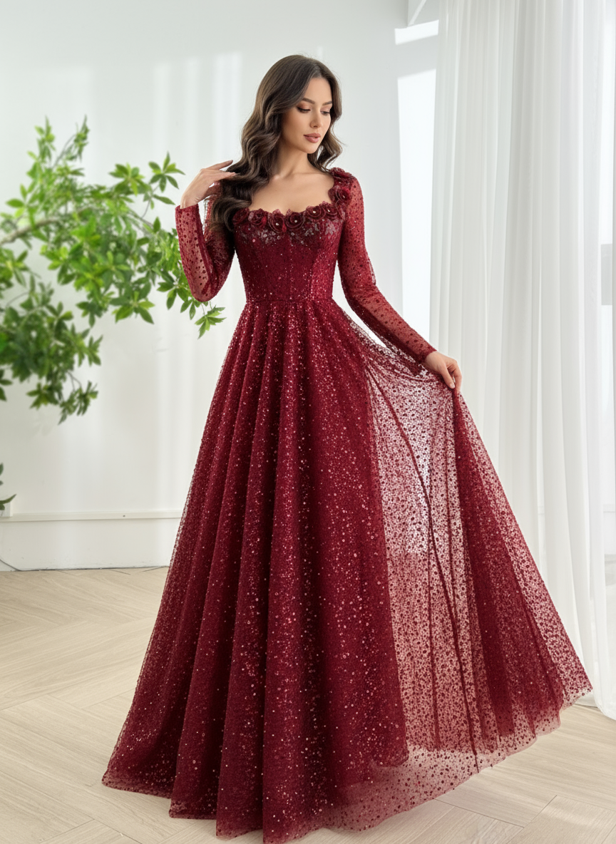 Corset Scoop Neck Long Sleeves Sequin Lace Dress