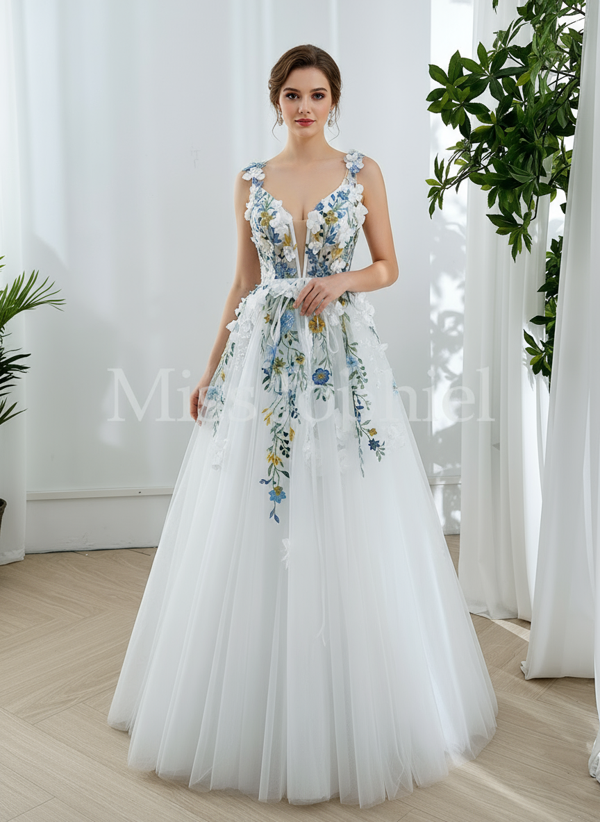 3D Floral Corset V Neck Floral Wedding Dress