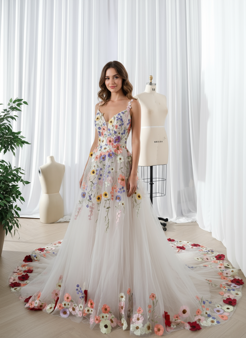 Vestido de novia con tirantes finos, escote en V y apliques florales