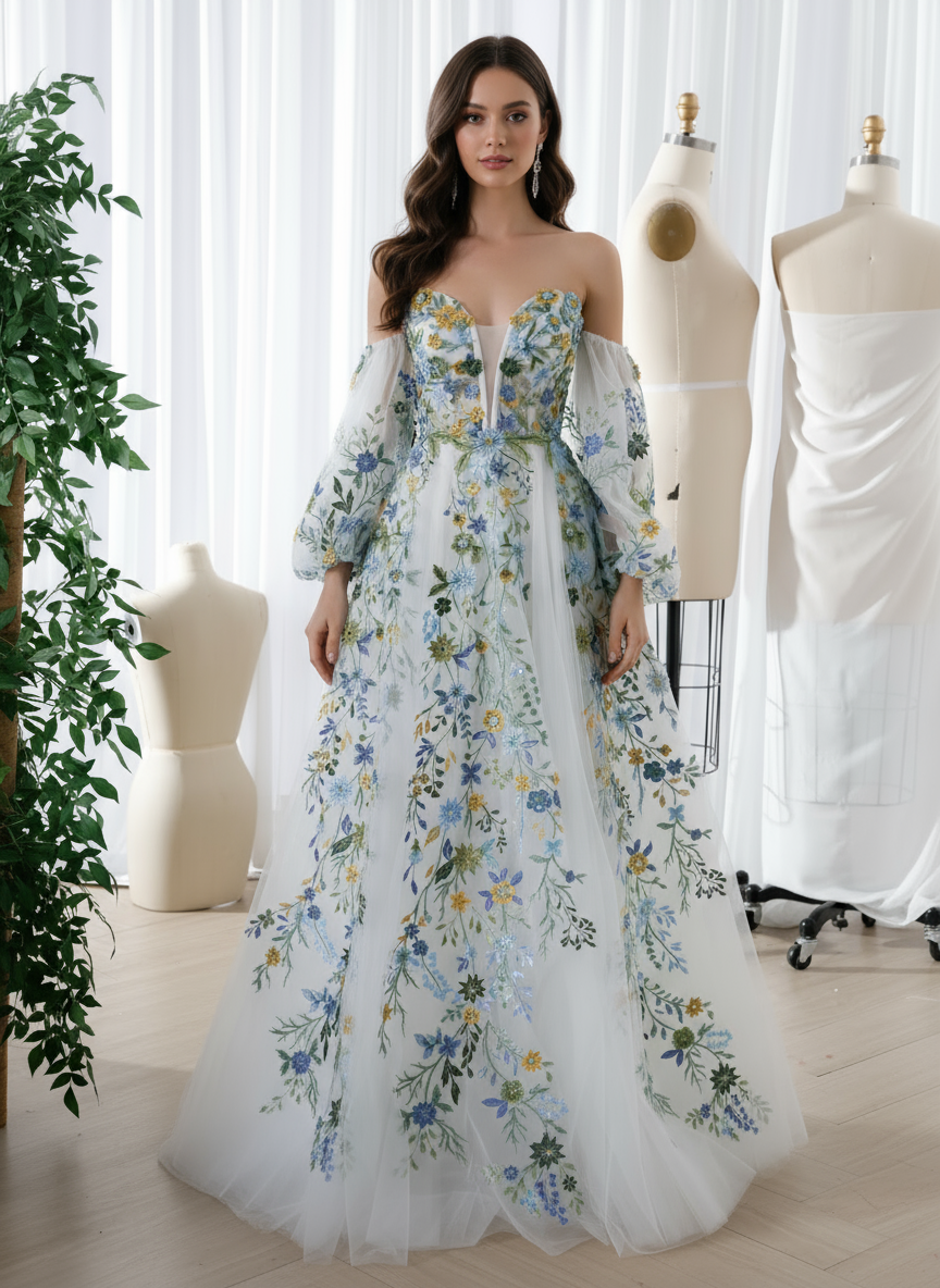 Trägerloses, langes Kleid mit Blumenstickerei und Korsett und abnehmbaren Ärmeln