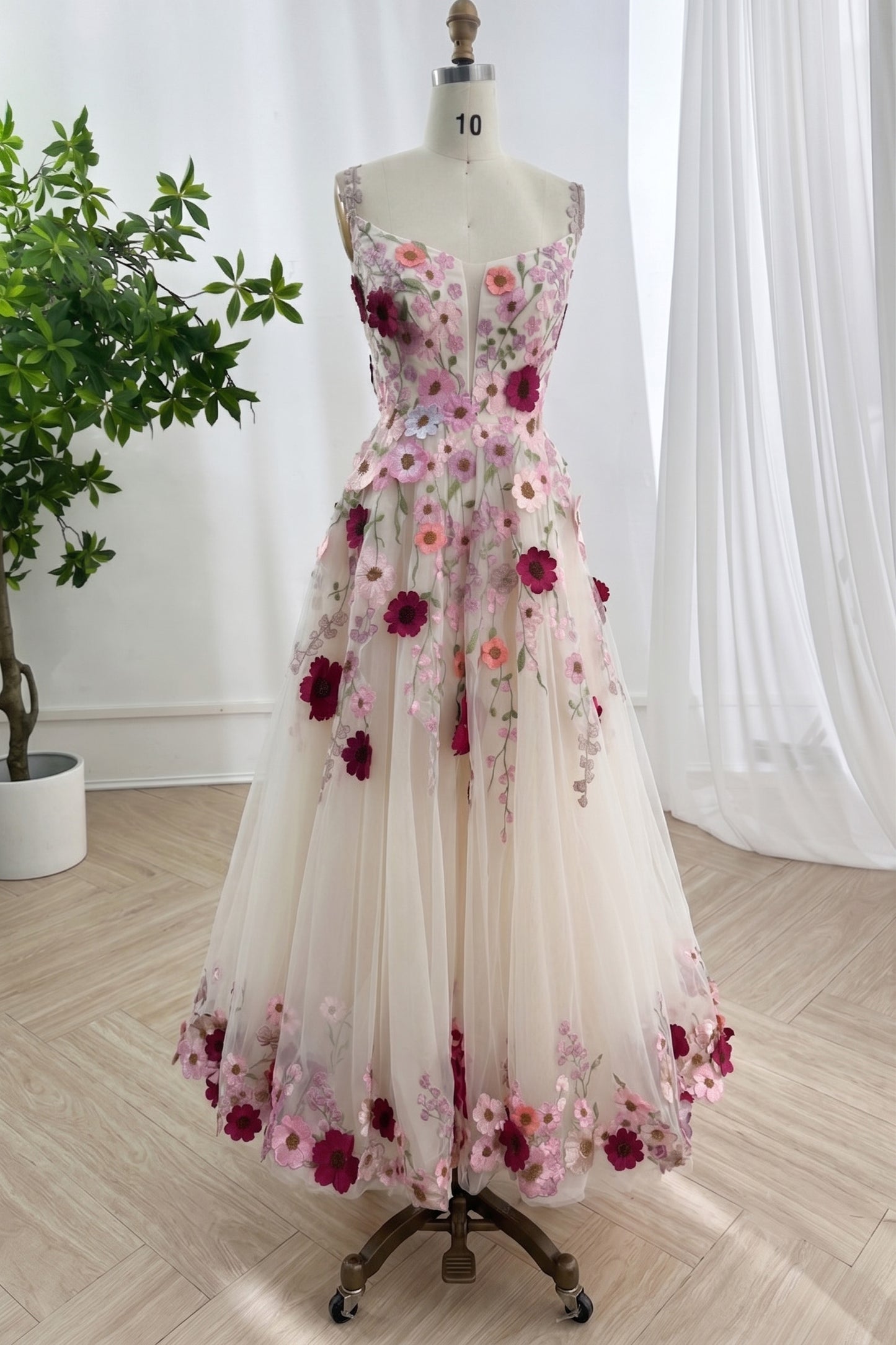Romantic Blush Floral Applique Tulle Wedding Dress with Cathedral Train