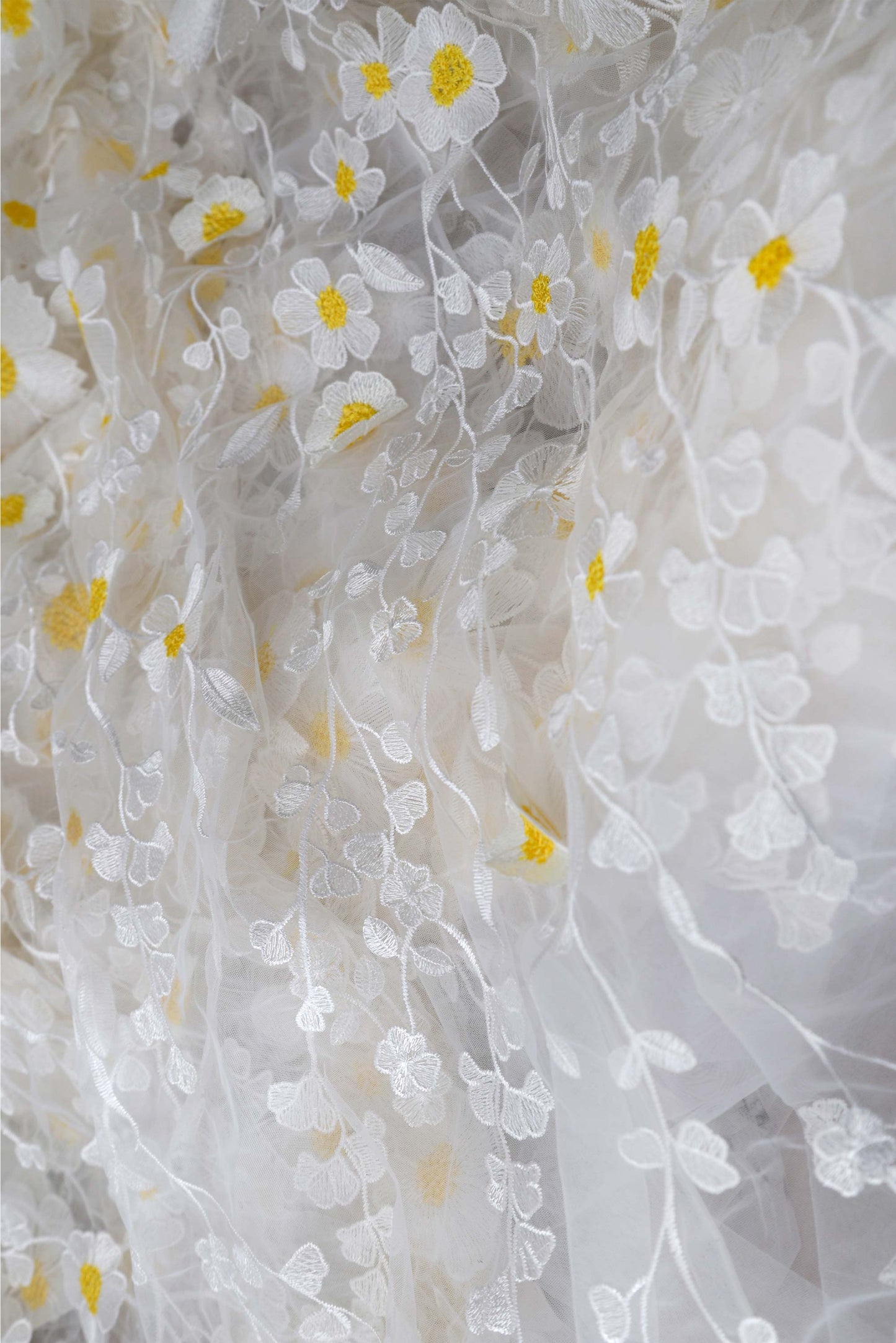White Tulle with 3D Yellow Floral Embrodiery and Applique Fabric