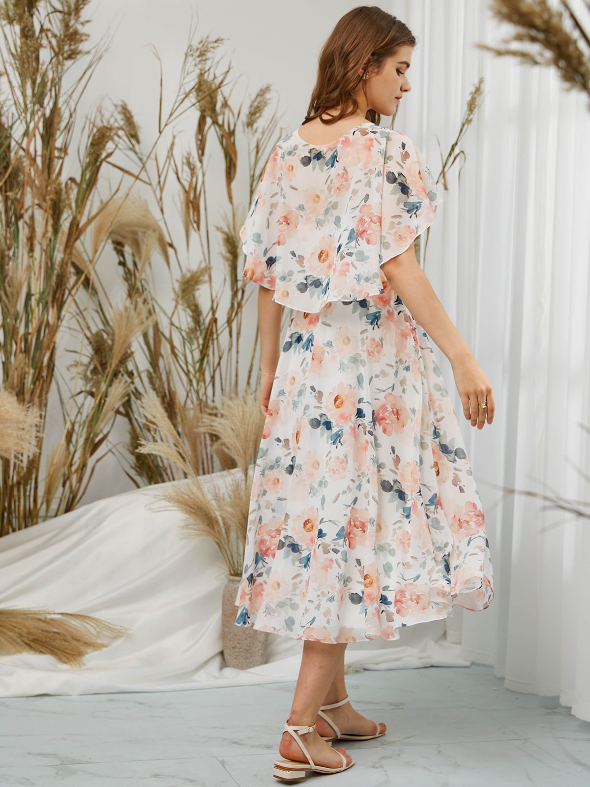 MissJophiel Cap Sleeves V Neck Chiffon Print Floral Peach Formal Party Dress