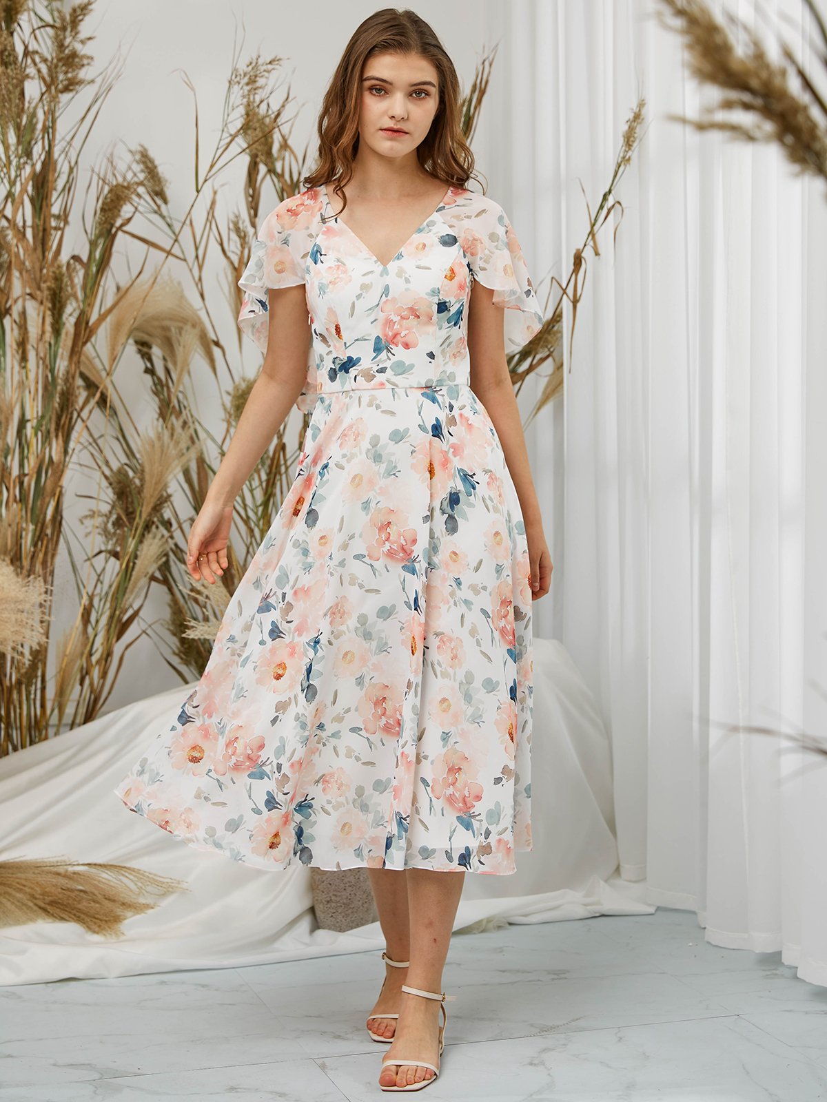 Cap Sleeves V Neck Chiffon Print Floral Peach Formal Party Dress