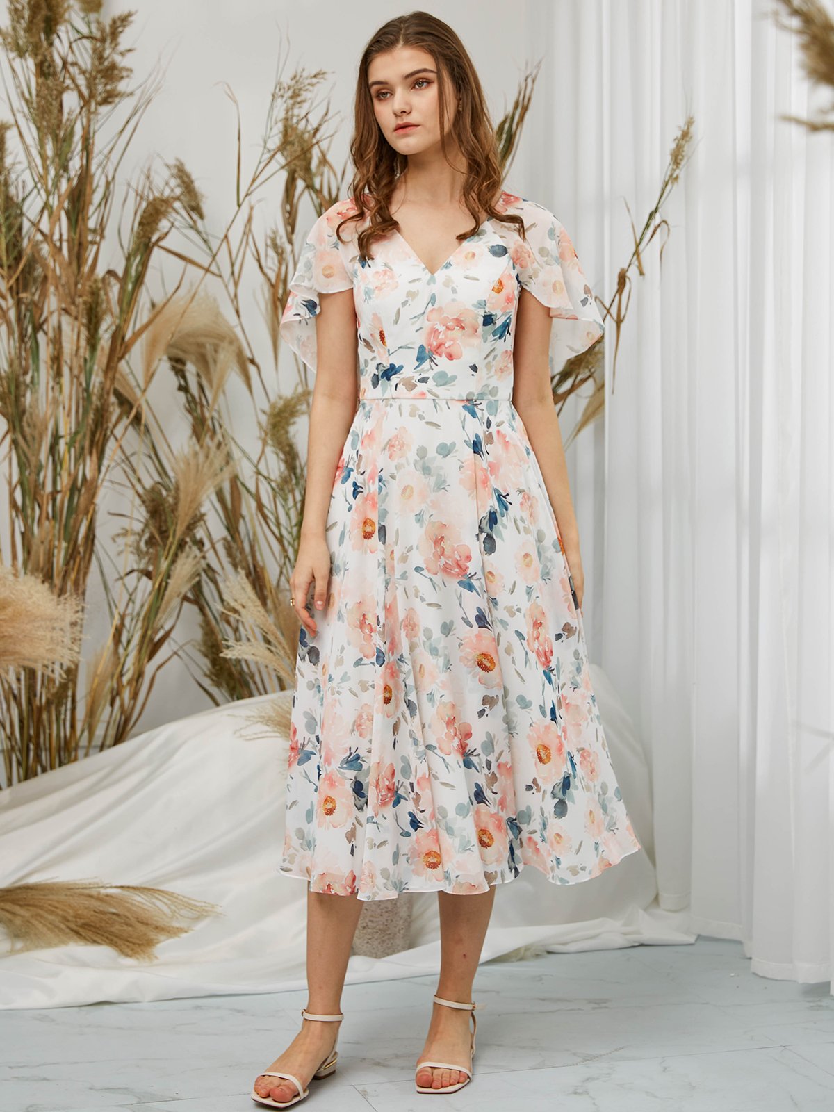 MissJophiel Cap Sleeves V Neck Chiffon Print Floral Peach Formal Party Dress