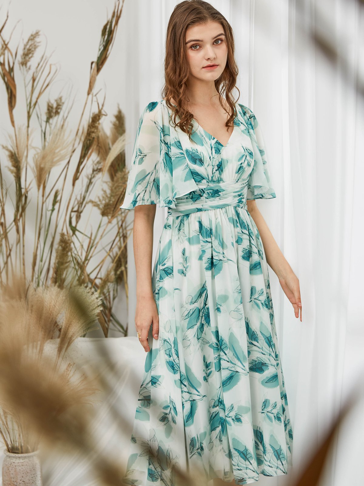 Cape Sleeves V Neck Chiffon Print Floral Sage Tea Lgnth Dress