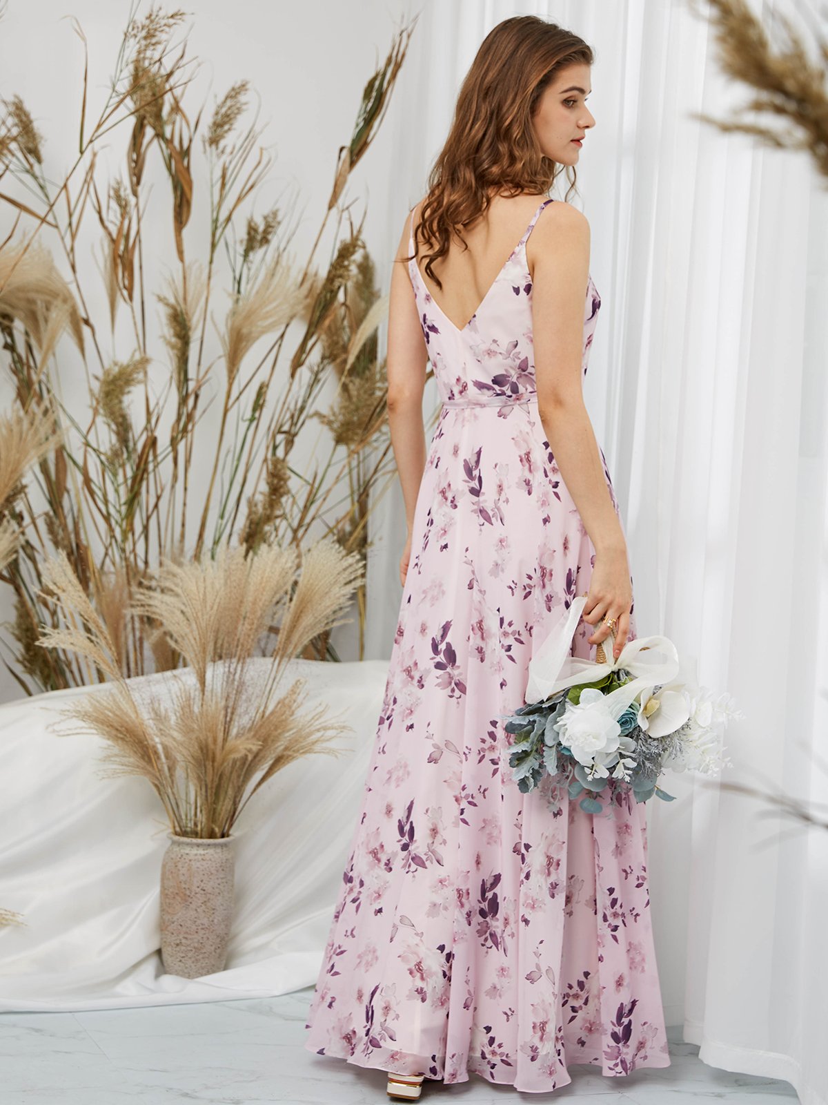 MissJophiel Straps V Neck Chiffon Print Floral Pink Floor Length Gown