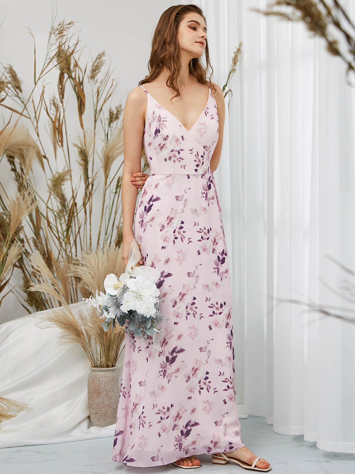 Straps V Neck Chiffon Print Floral Pink Floor Length Gown