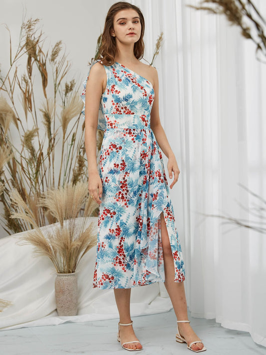 MissJophiel One Shoulder Chiffon Print Floral Blue Tea Length Gown